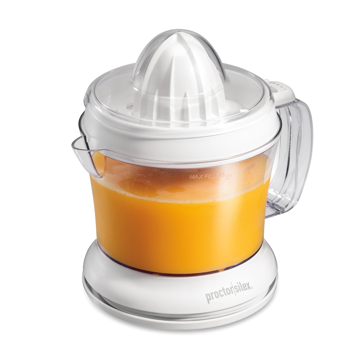 Proctor Silex Electric Citrus Juicer Machine, Large 34 oz. Pitcher, Pressure Activated, 2 Reamers for Big and Small Fruit, Pulp Control, for Orange, Lemon, Grapefruit Juice, White & Green (66340)