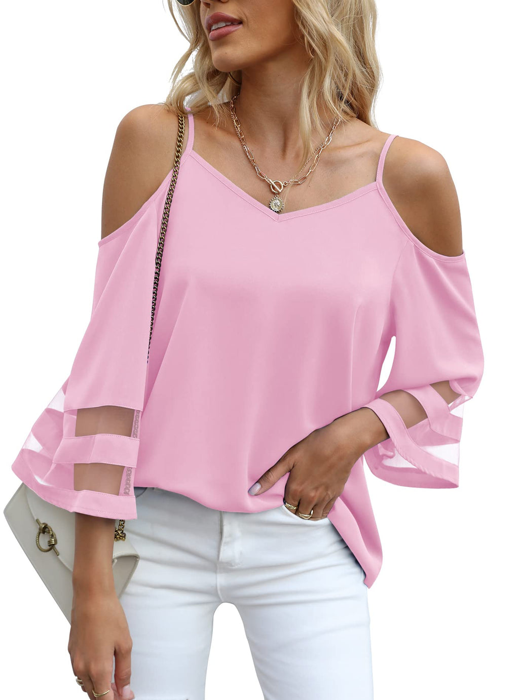 Jouica Womens Summer Cold Shoulder Tops Mesh Panel 3/4 Bell Sleeve Tees Adjustable Spaghetti Strap Loose Fit Shirts