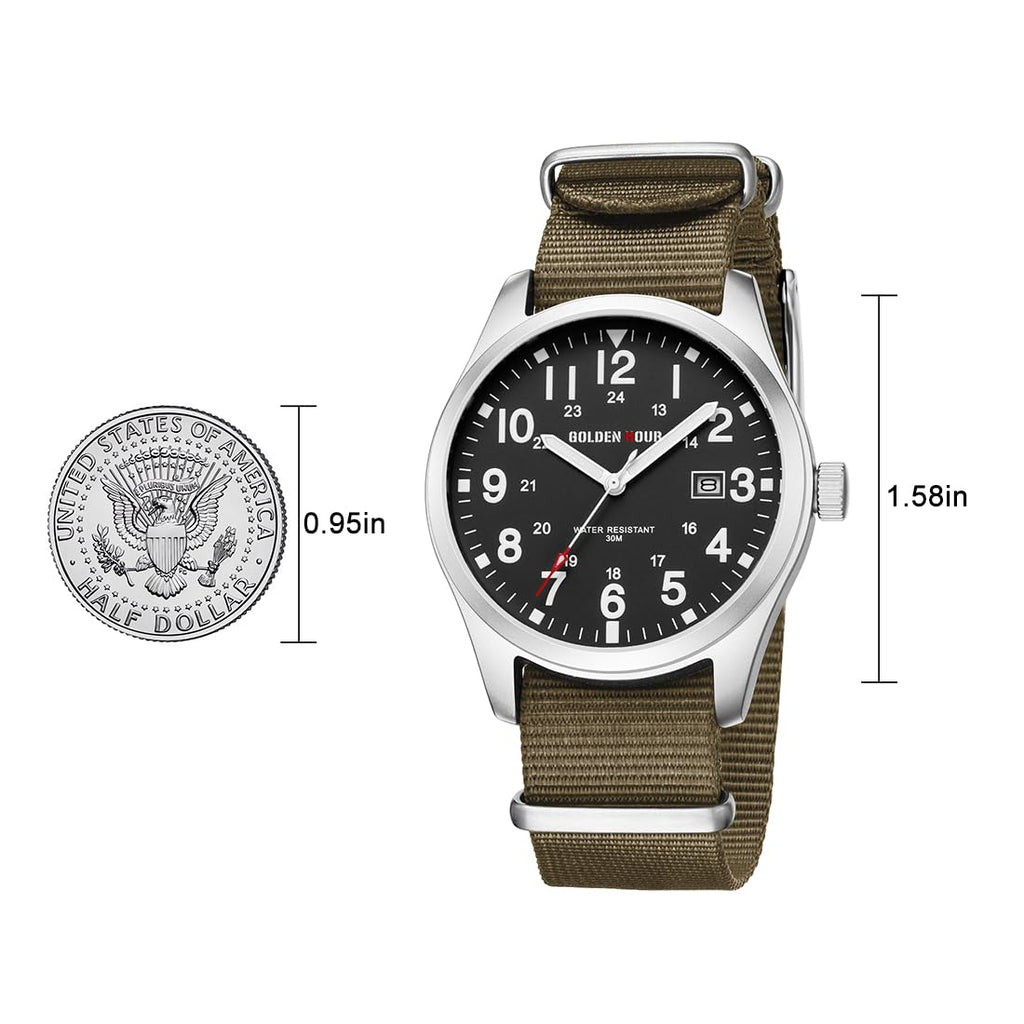 GOLDEN HOUR Men's Nylon Slip-Thru Strap Watch with Military Time Easy Read Dial Glowing Hands