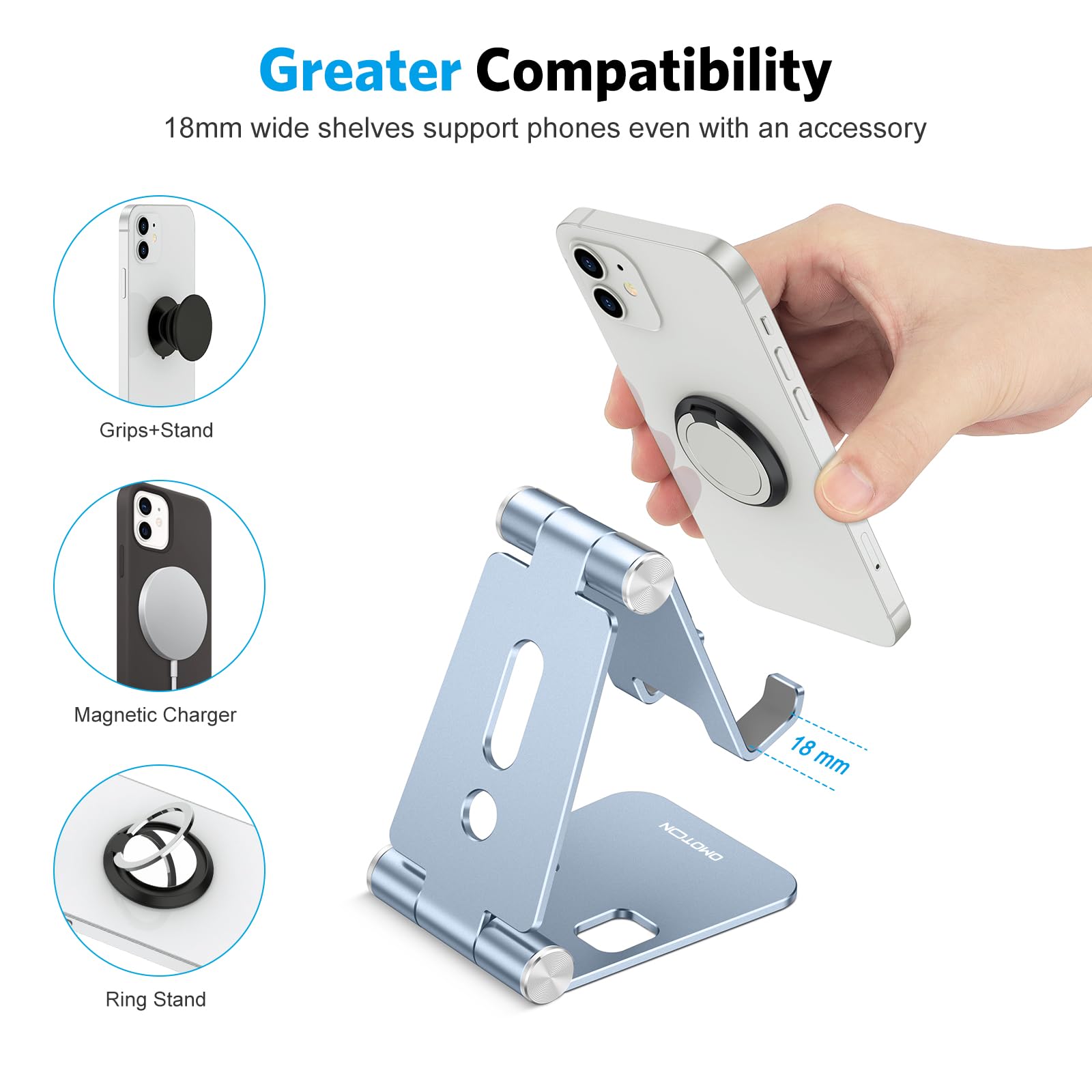 OMOTON Foldable Cell Phone Stand, C4 Portable Aluminum Phone Holder, Adjustable Phone Dock Cradle for iPhone 17/16/15 Pro Max Air, Small Tablets, All Smart Phones for Women Men Gift, Silver