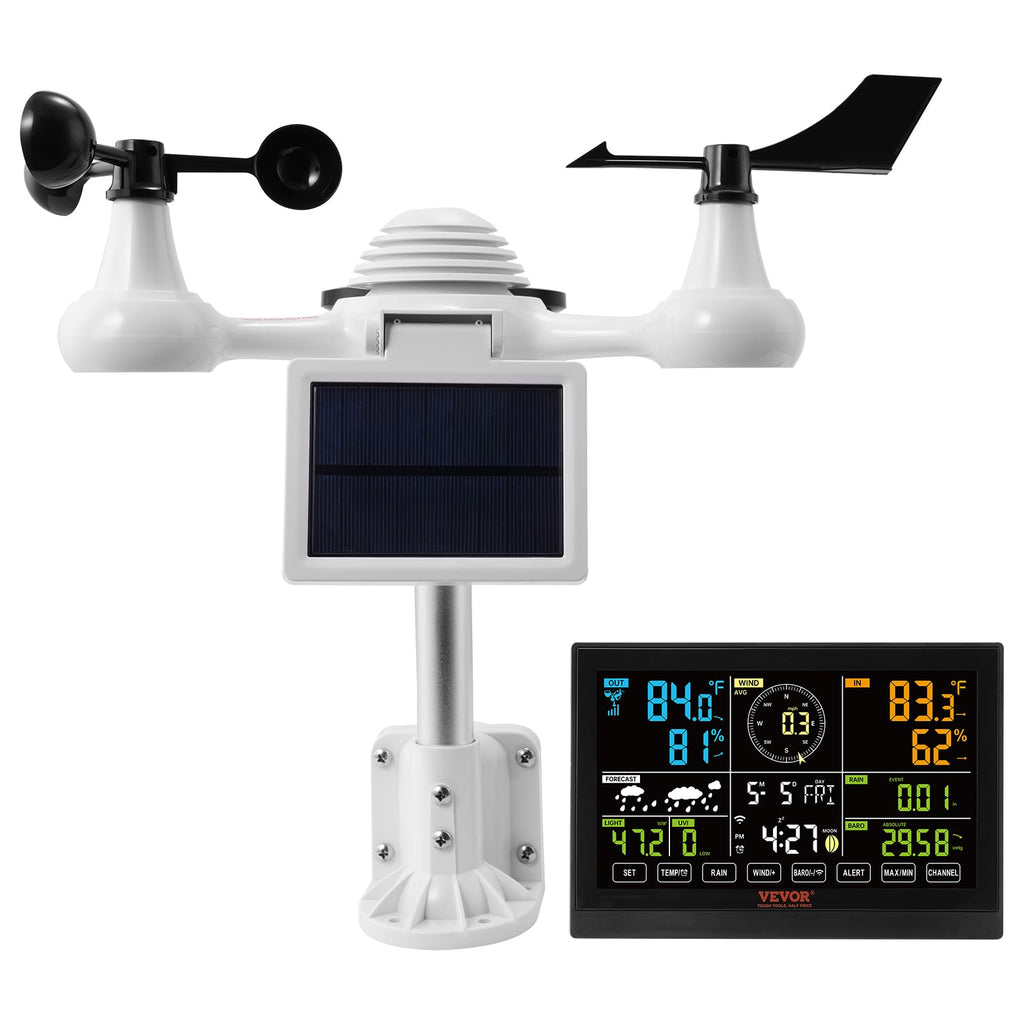 VEVOR 5-in-1 Wireless Weather Station, 7.5-Inch VA Display, Solar Powered Outdoor Sensor, Rain Gauge, Indoor Outdoor for Weather Forecast, Temperature, Humidity, Wind Speed and Direction (No WiFi)