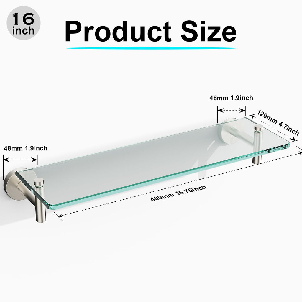 Glass Bathroom Shelves,Brushed Gold Floating Shelves for Wall Rectangular Modern Stainless Steel Glass Shelf for Bathroom Shelves wall Mounted 16 Inch