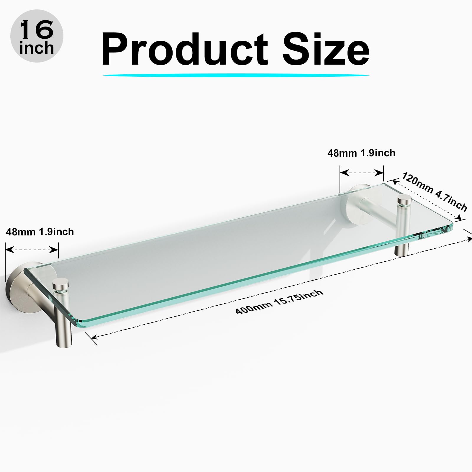 Glass Bathroom Shelves,Brushed Gold Floating Shelves for Wall Rectangular Modern Stainless Steel Glass Shelf for Bathroom Shelves wall Mounted 16 Inch
