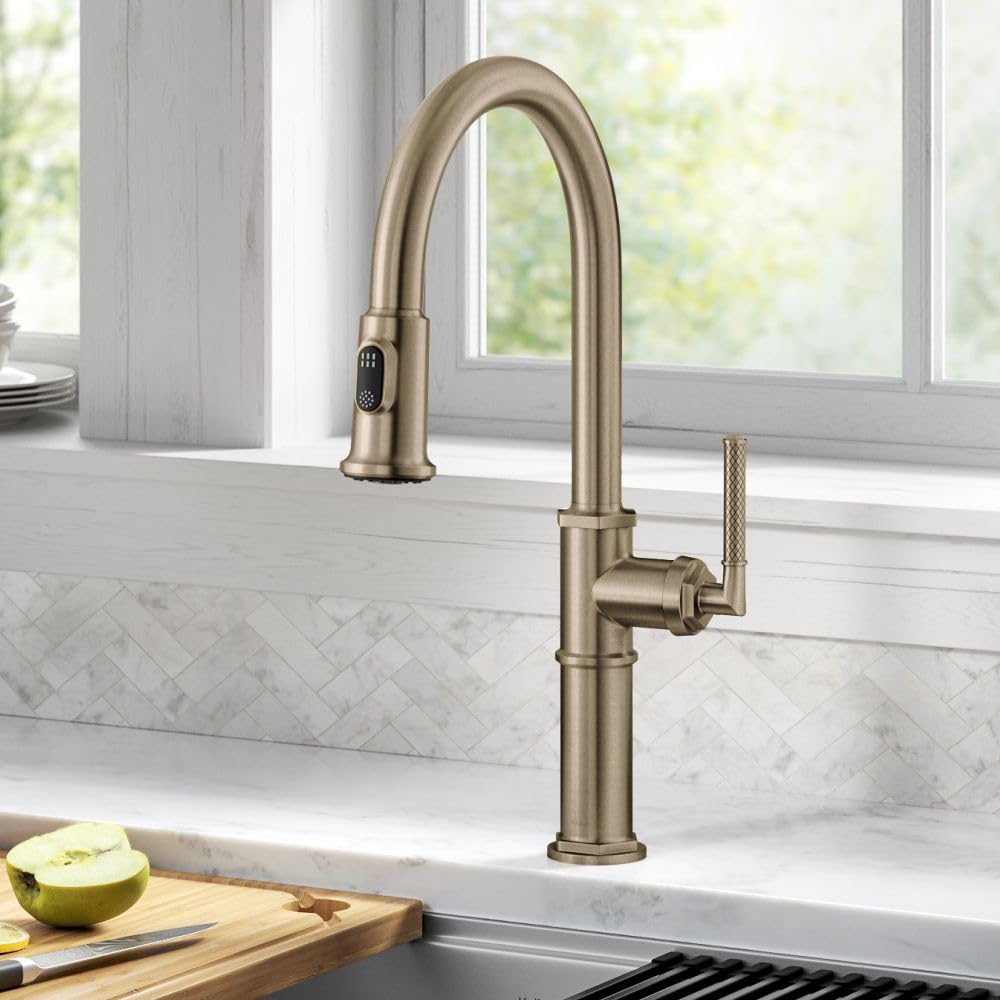 KRAUS Allyn Transitional Bridge Kitchen Faucet with Pull-Down Sprayhead in Brushed Gold, KPF-3121BG