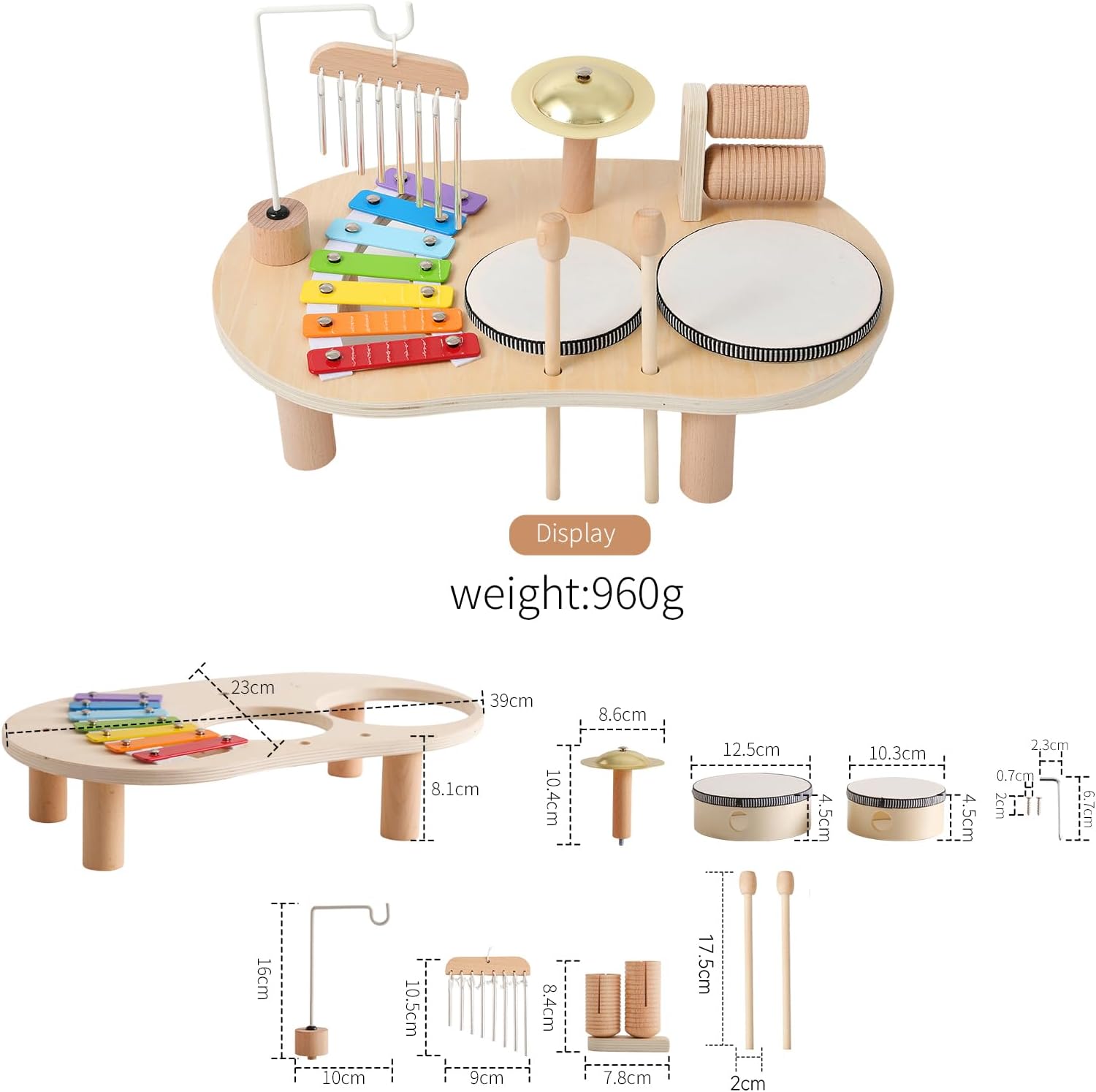 Wooden Drum Set for Toddlers 1-3, Musical Percussion Instruments for Kids Baby Drum Set Xylophone, Montessori Educational Musical Toys for Girls Boys Ages 3+