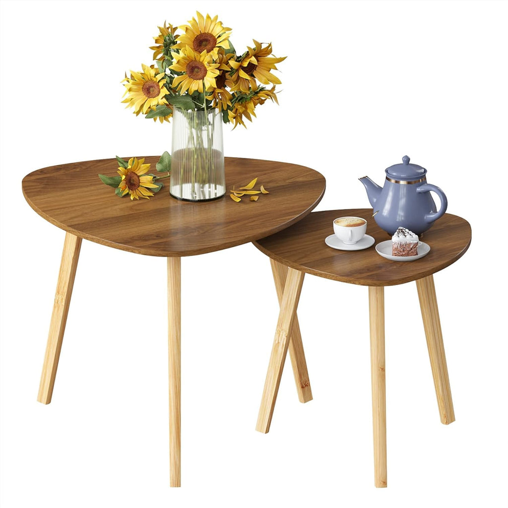 BAMEOS Monstera Leaf Nesting Tables Set of 2, Small Side Tables f Set with Leaf Vein Pattern, Modern Wooden CoffeeTables for Living Room Bedroom Apartment Balcony Yard