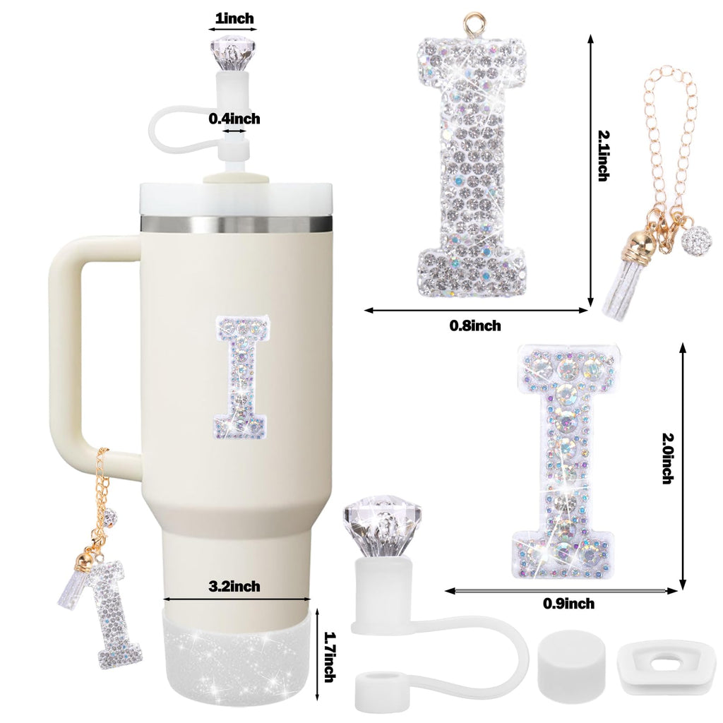 Mity rain Accessories Set for Stanley Cup, Initials Decorations for Tumbler Cup 30/40OZ, Including Diamond Straw Topper/Spill Proof Stopper/Sparkly Silicone Boot Set/Letter Charms for Handle A-Z (A-)