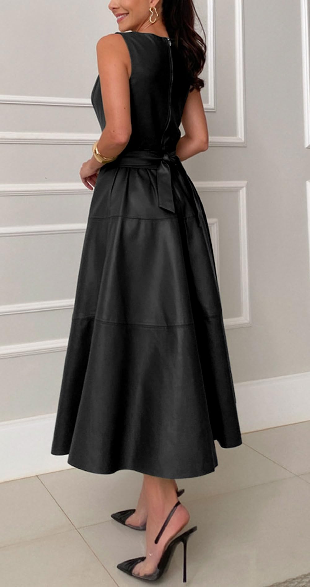 CHARTOU Women PU Faux Leather Sleeveless Elegant Flowy Long Dress Party Night Out Dress with Belt
