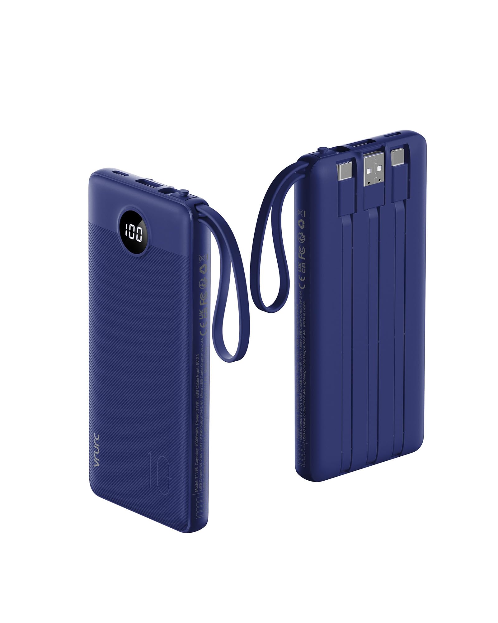 VRURC Portable Charger Power Bank, USB C Battery Pack 10000mAh, Flight-Safe Travel Essentials, 5 Outputs 2 Inputs Slim Phone Charging Bank Built-in Cables for Multi Devices-Lavender(1 Pack)