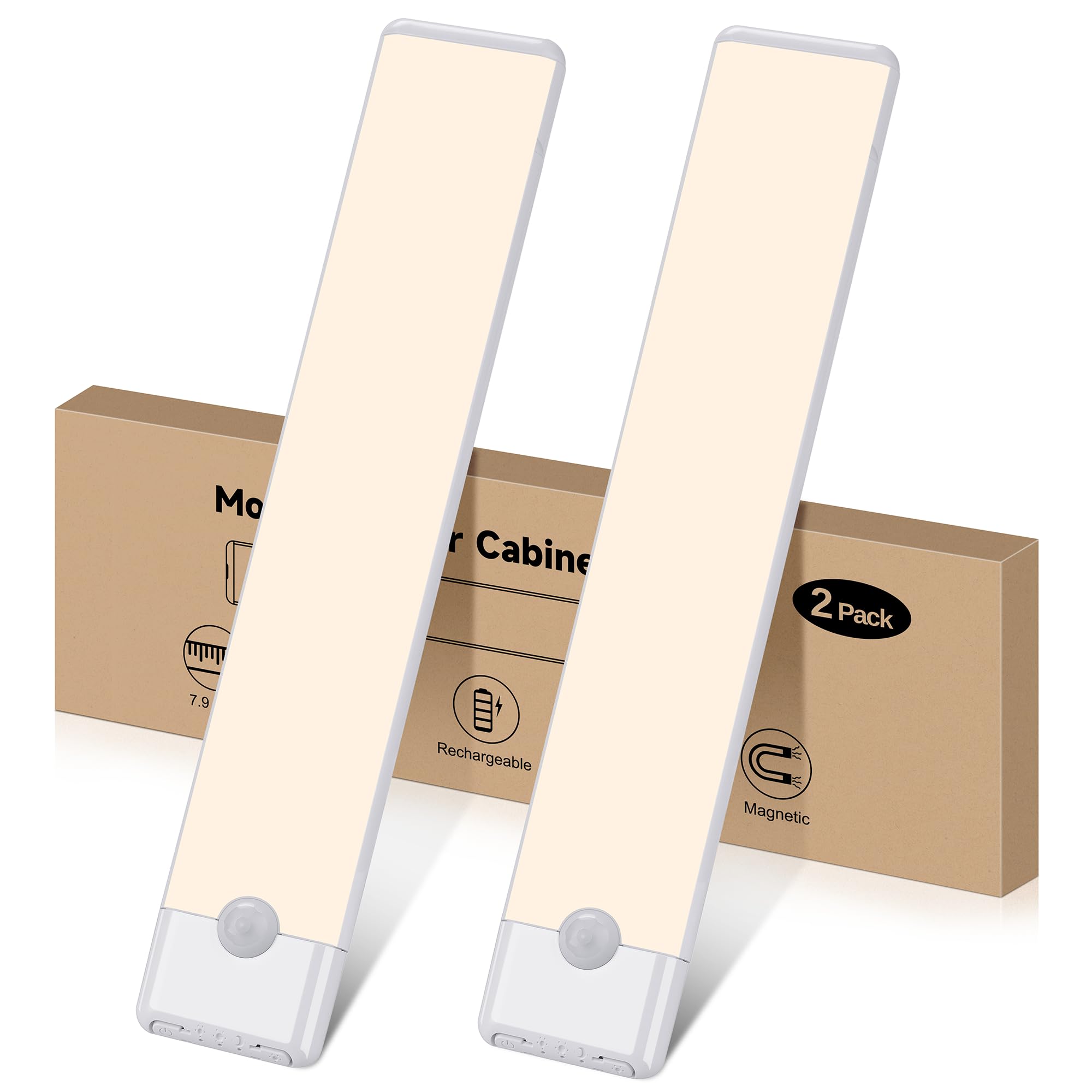 Motion Sensor Under Cabinet Lights, Magnetic Rechargeable Under Counter Closet Light, Wireless Night Light Bar Stick-On, 2-Pack, Warm White