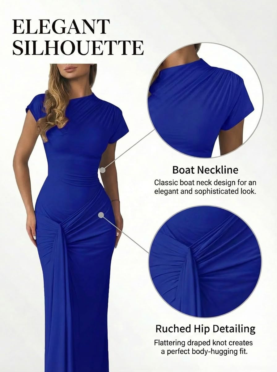 Mojessy Women Bodycon Maxi Dress Sexy Mock Neck Lace Up Bandage Ruched Short Sleeve Long Dress Cocktail Dress