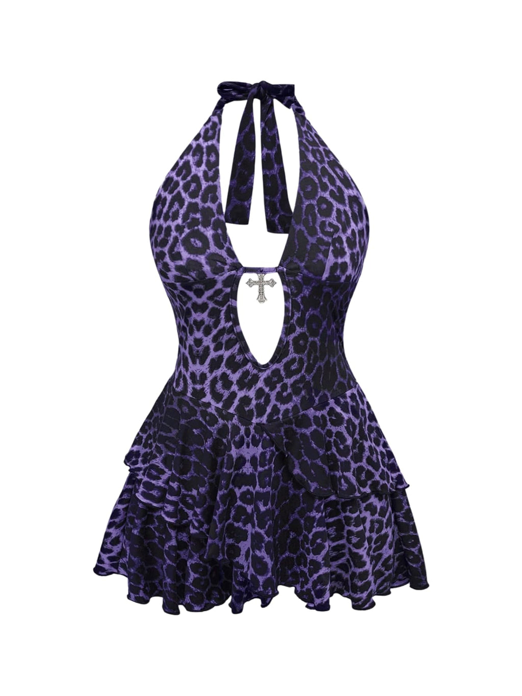 SOLY HUX Women's Plus Size Leopard Print Halter Dress Y2k Gothic Deep V Cheetah Tie Backless Layered Ruffle Mini Dresses