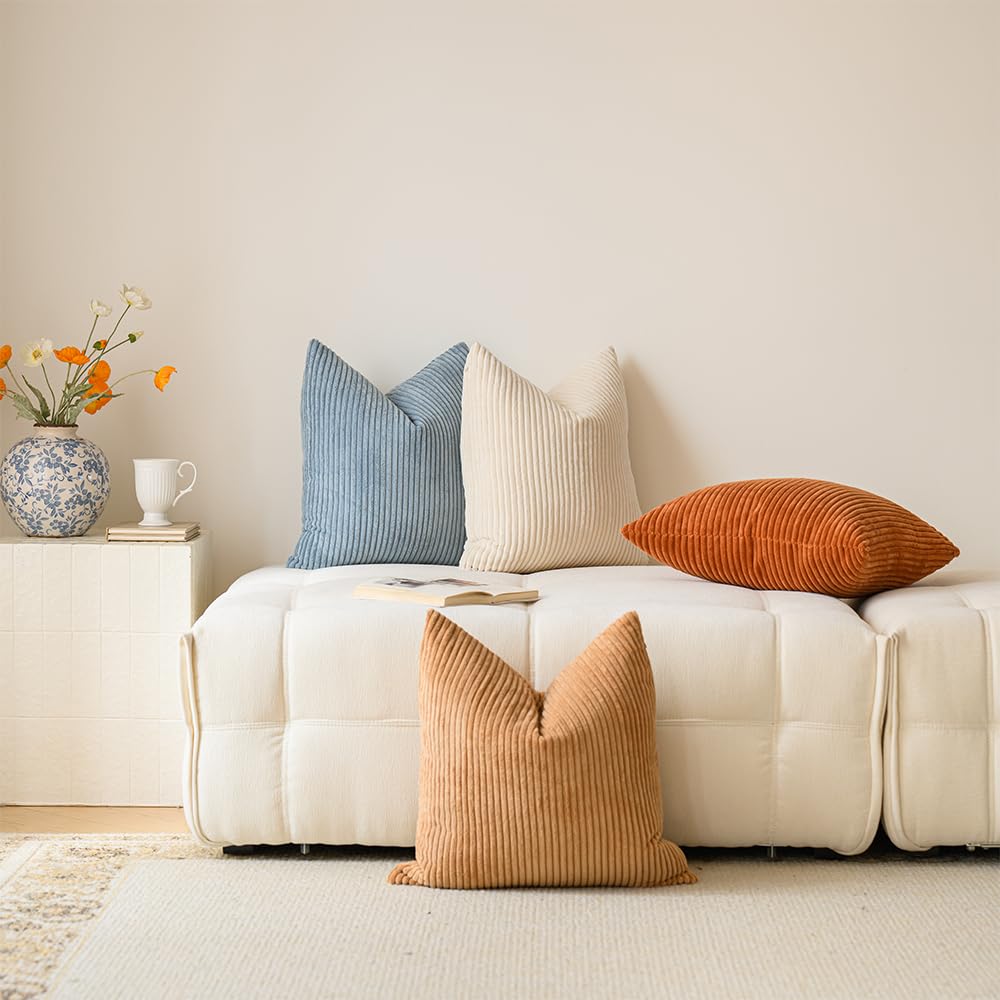 LANANAS Neutral Couch Throw Pillow Covers 18x18 Inch Set of 4 Decorative Farmhouse Boho Throw Pillows for Living Room, Couch, Bed, Sofa Soft Corduroy Accent Home Decor (Blue Ocean, 18x18 Inch)