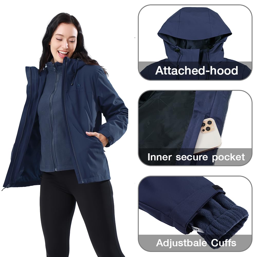 CAMEL CROWN Women's Ski Jacket Waterproof 3 in 1 Winter Coat with Fleece Inner Warm Windproof For Snow Outdoor Hiking