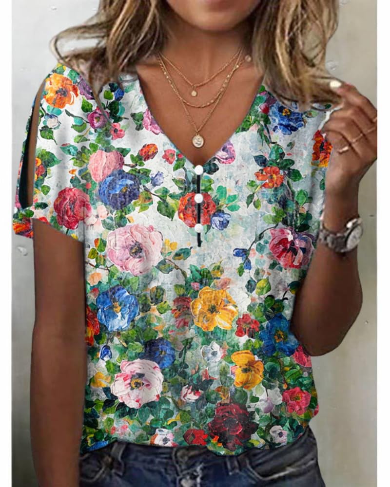 HOTYD Women's Boho Floral Print Ladies Short Sleeve Tops Summer Blouses Dressy Casual V Neck Cold Shoulder Tunic Tops