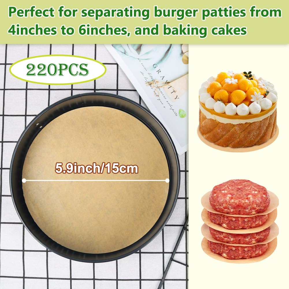 BOYAN 6 Inch Parchment Paper Rounds, Set of 220, Hamburger Patty Paper/Burger Press Paper, Non Stick Small Pre-cut Round Parchment Paper for Cake Pan, Springform Pan, Burger Patty Maker and More