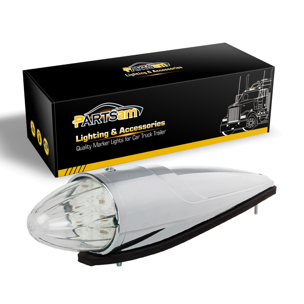 Partsam 5PCS 17 LED Amber Torpedo Cab Marker Roof Running Top Lights Assembly Super Bright Chrome Heavy Duty Trucks Replacement for International Kenworth/Peterbilt/Freightliner/Mack,DOT Compliant