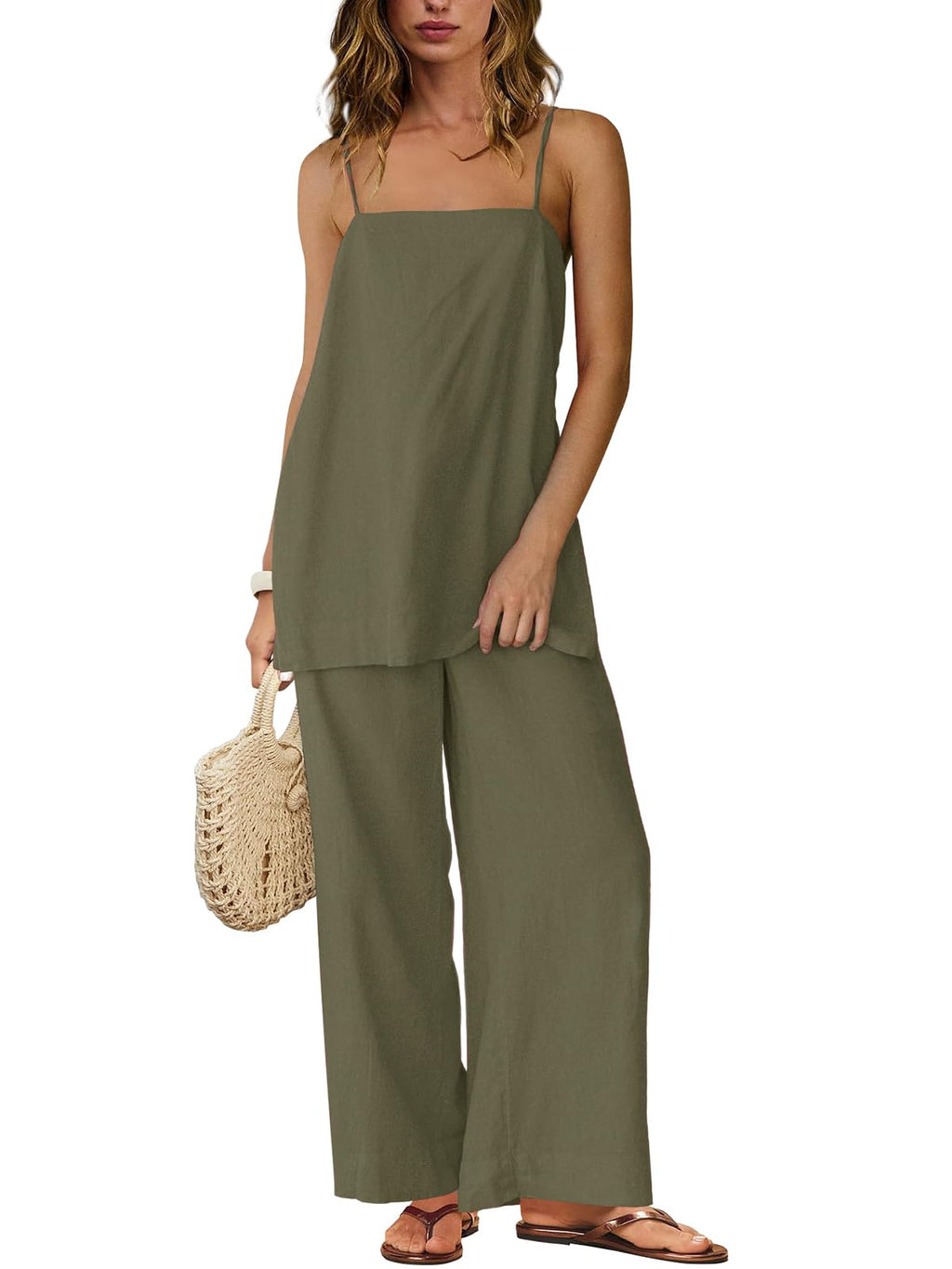 Dokuritu Linen Sets for Women 2 Piece Summer Spaghetti Strap Top Wide Leg Pant Set Beach Vacation Travel Outfits with Pockets