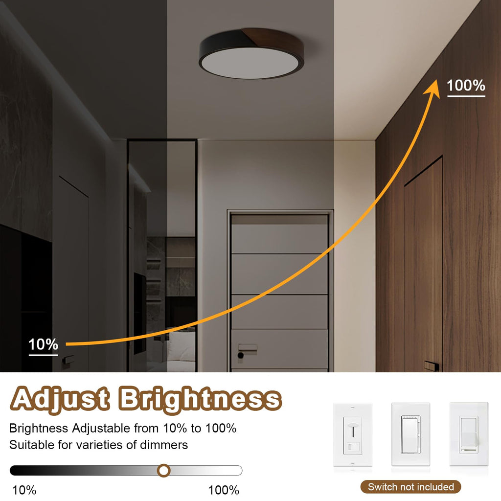 Modern LED Ceiling Light, Minimalist Wood Dimmable Flush Mount Ceiling Light Fixture, Round 5CCT Lighting Lamp with Acrylic Lampshade for Bedroom Hallway Kitchen Laundry, Black 11.8"