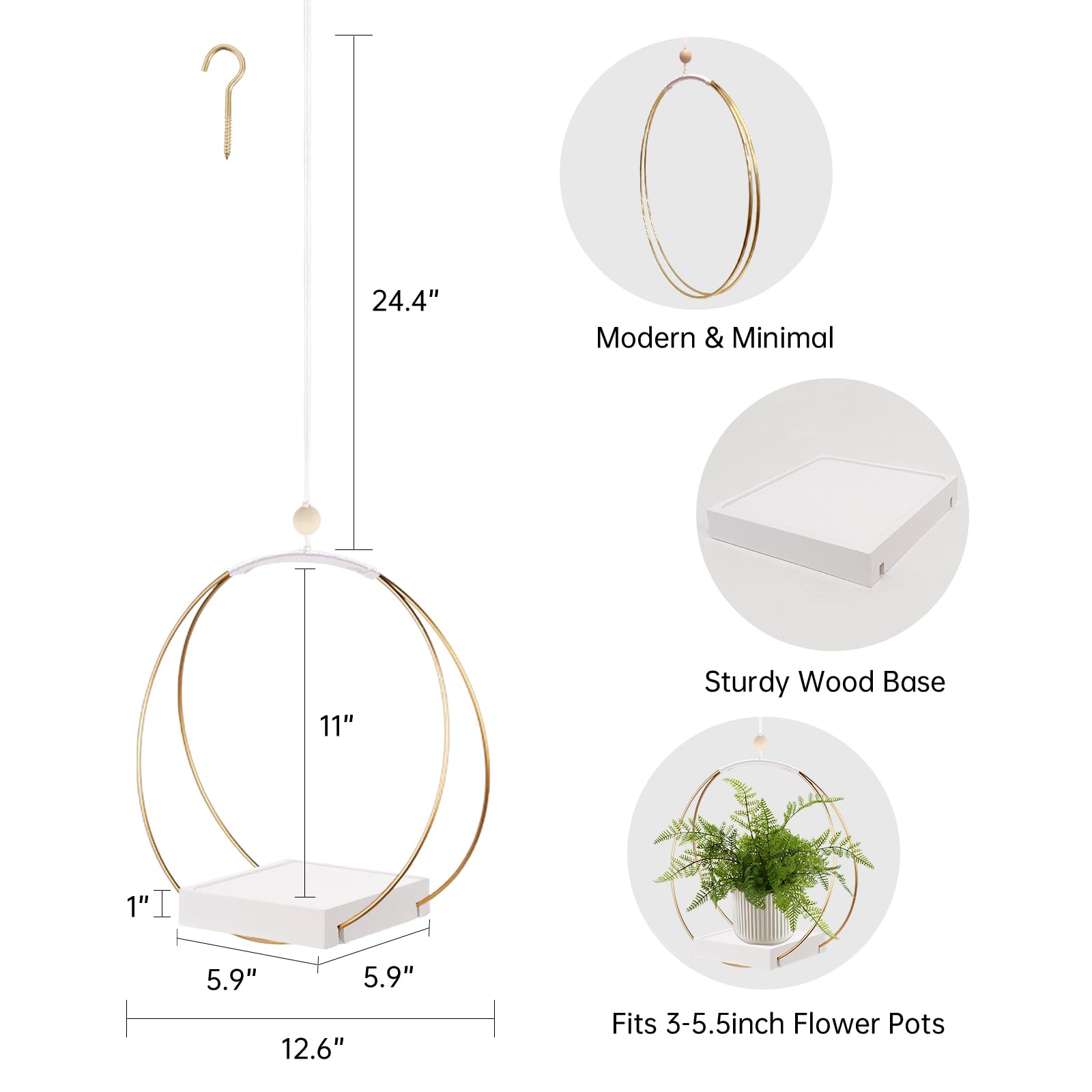Hanging Planter for Indoor Plants, Black Plant Hanger Indoor with Sturdy Wood Base, Modern Boho Macrame Plant Hanger for 3-5.5 Inch Pot, Hanging Wall Ceiling Window Home Decor (Pots Not Included)