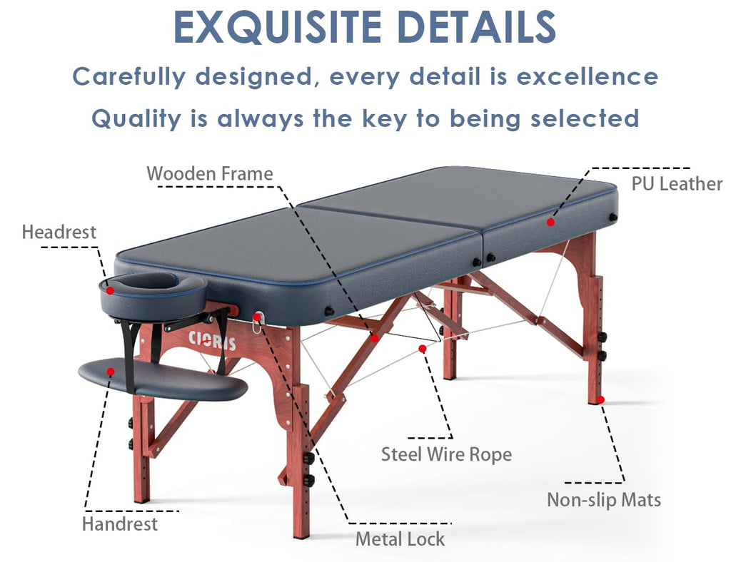 CLORIS 84" Professional Massage Table Portable Reinforced Wooden Leg 2 Folding Lightweight Spa Salon Tattoo Massage Bed Height Adjustable Hold Up to 1100LBS with Carrying Bag Black