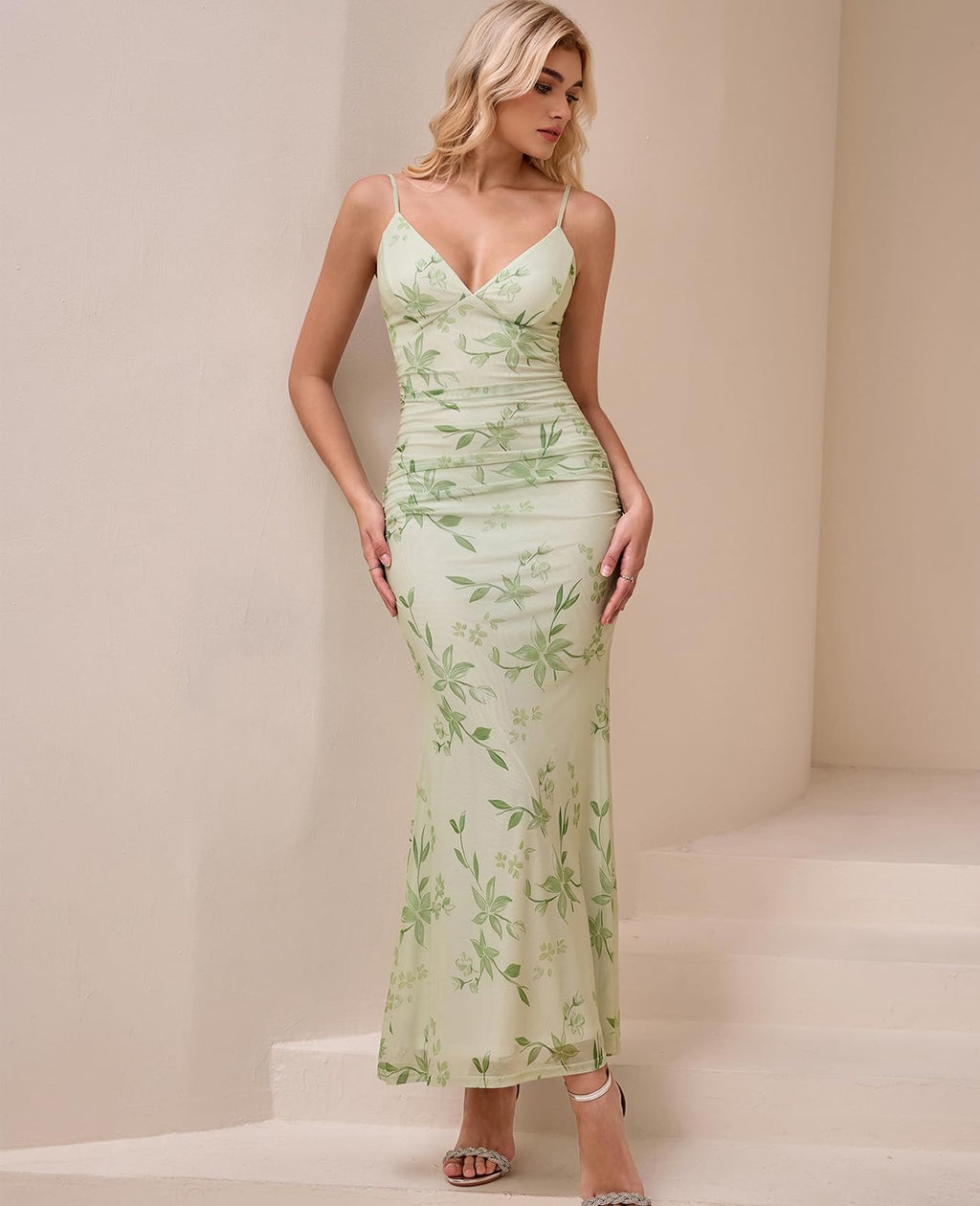 GLNEGE Women's Floral Wedding Guest Formal Maxi Dress Bodycon Spaghetti Strap V Neck Elegant Cocatail Dresses