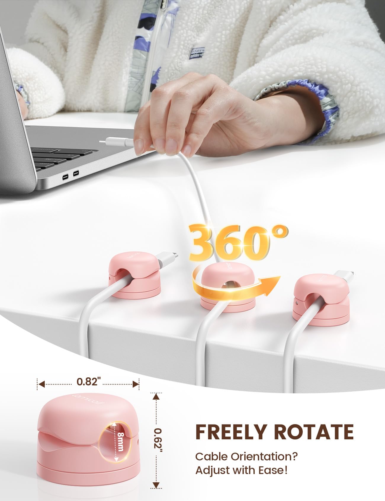 Lamicall 6 Pack Rotatable Spring Cord Organizer, Women Girls Adhesive Cable Management for Desk Nightstand Wall, Office Home Dorm Room Cable Clips Organizer Decor, Phone Charger Cord Holder, Pink