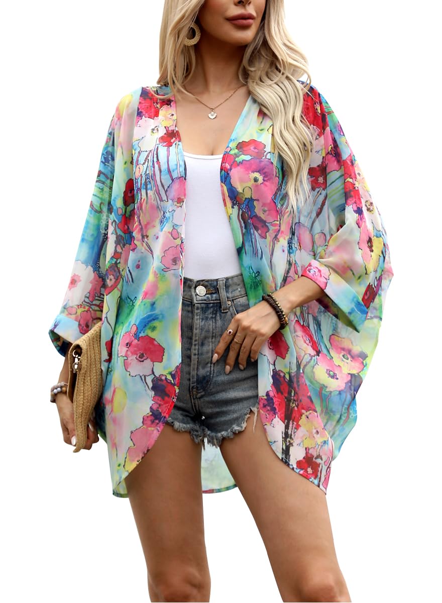 olrain Women's Floral Print Sheer Chiffon 3/4 Bat Sleeve Casual Loose Kimono Cardigan Capes