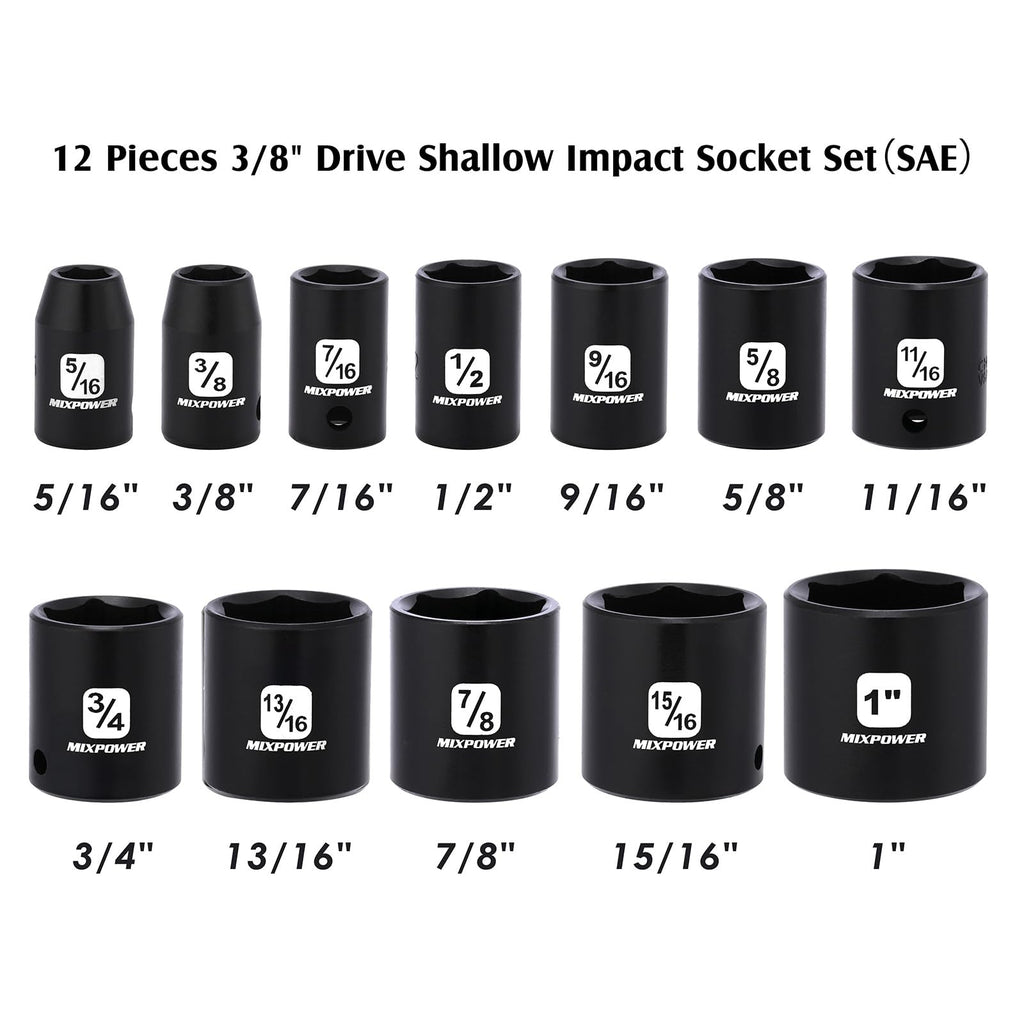 MIXPOWER 12 Pieces 3/8-Inch Drive Shallow Impact Socket Set, 5/16 to 1 inch, CR-V, SAE, 6 Point, Shallow, 12 Pieces 3/8" Dr. Socket