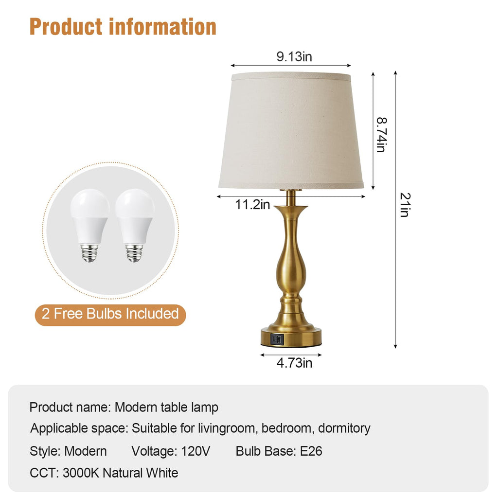 Bedside Table Lamp Touch Control Bedroom Lamps with USB A and C Charging Port 3 Way Dimmable Touch Lamps for Nightstand Living Room Bedroom Dorm Home Office Reading, Set of 2