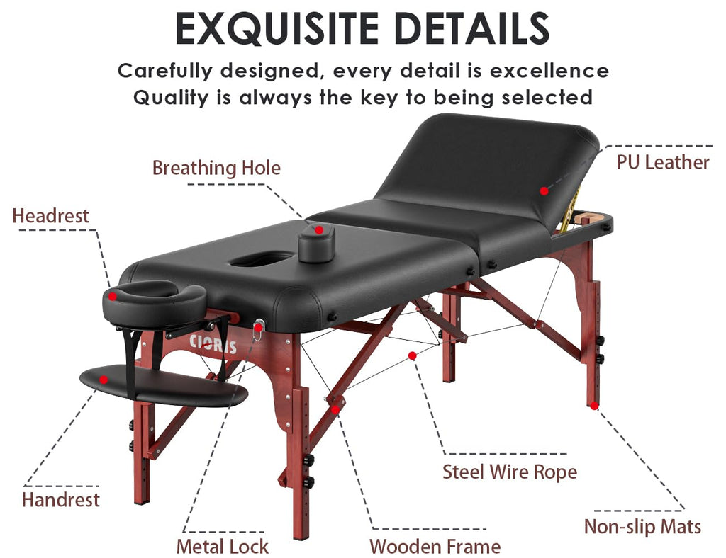 CLORIS 84" Professional Massage Table Portable Reinforced Wooden Leg 2 Folding Lightweight Spa Salon Tattoo Massage Bed Height Adjustable Hold Up to 1100LBS with Carrying Bag Black