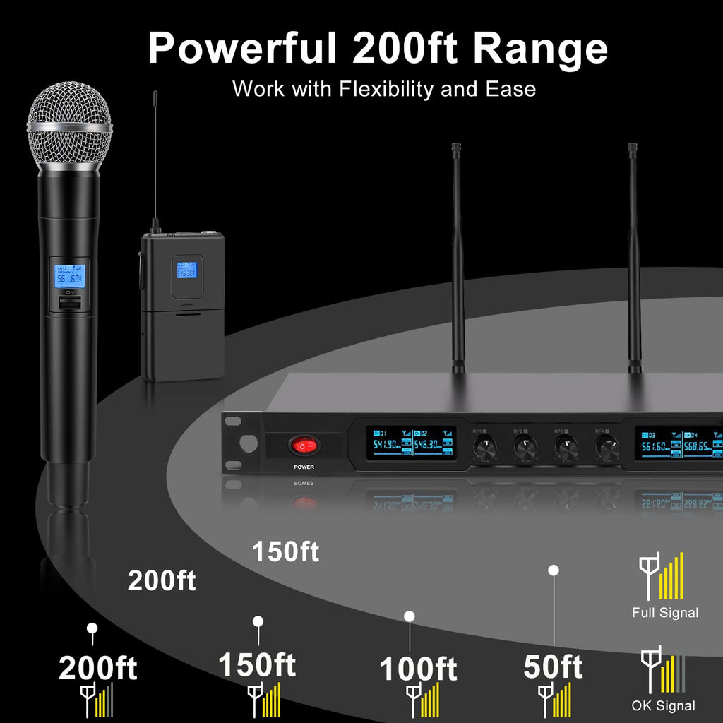 innopow 4-Channel Wireless Microphone System, Quad UHF Metal Cordless Mic, 2 Handheld Mics, 2 Bodypack Mics, Long Distance150-200Ft, Fixed Frequency, 16 Hours Use for Karaoke Singing, Church