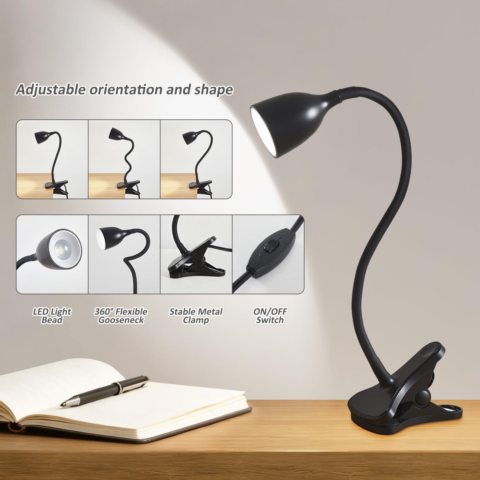 EJIAXIN Gooseneck Desk Lamp 360° LED Flexible Reading Light Small Desk Lamps for Small Spaces Home Office Bedroom College Dorm Desk Bookshelf Nightstand Table Lamp (Purple)