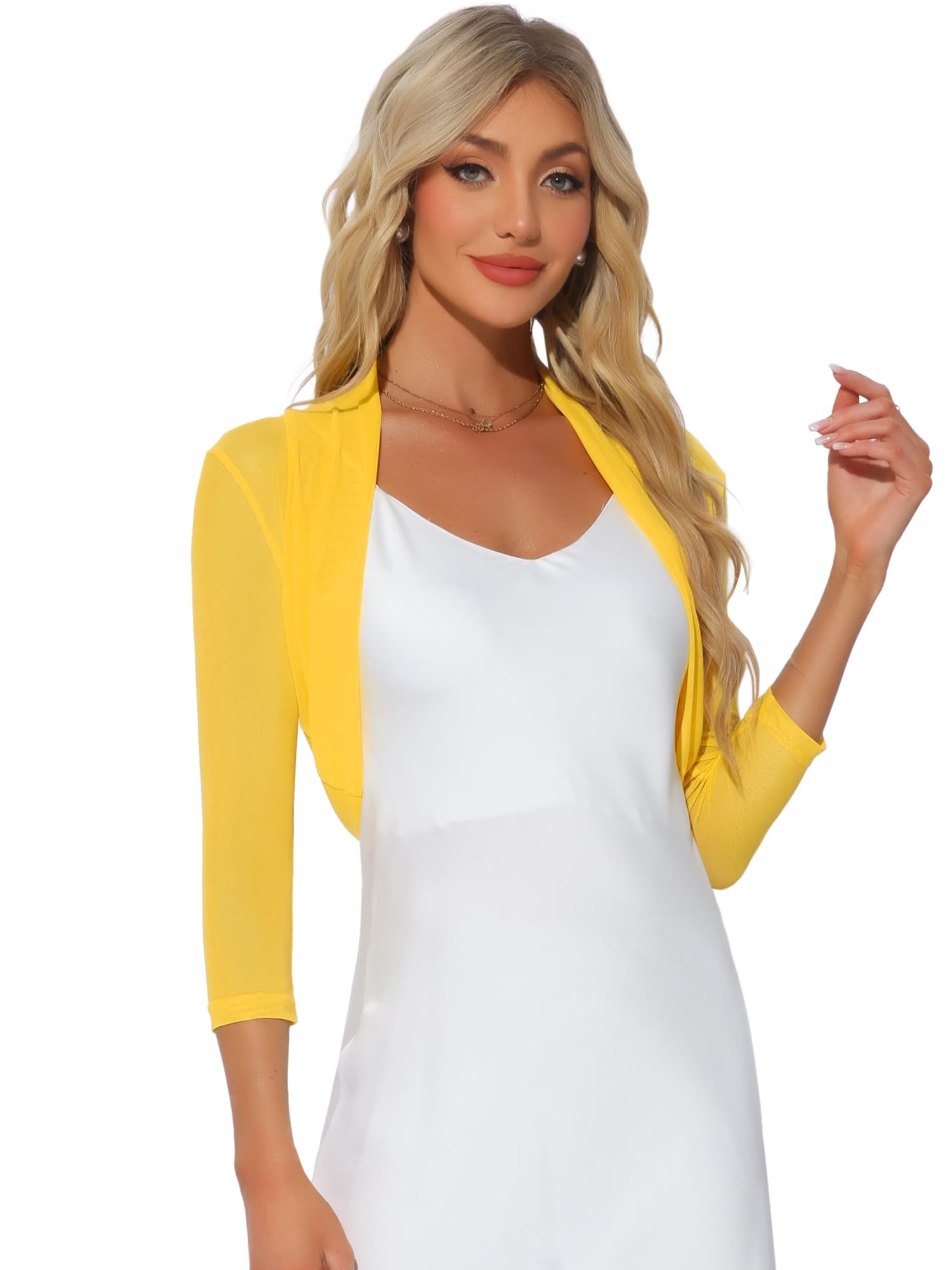 Allegra K Women's 3/4 Sleeve Sheer Mesh Shrug Open Front Cropped Bolero Cardigan