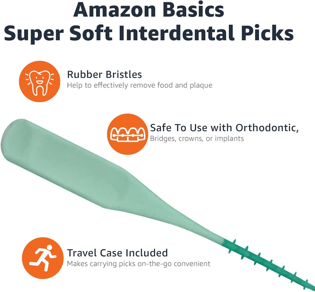 Amazon Basics Super Soft Interdental Picks for Plaque Remover and Teeth Cleaning, Easy to Use with Travel Case Included, 100 Count