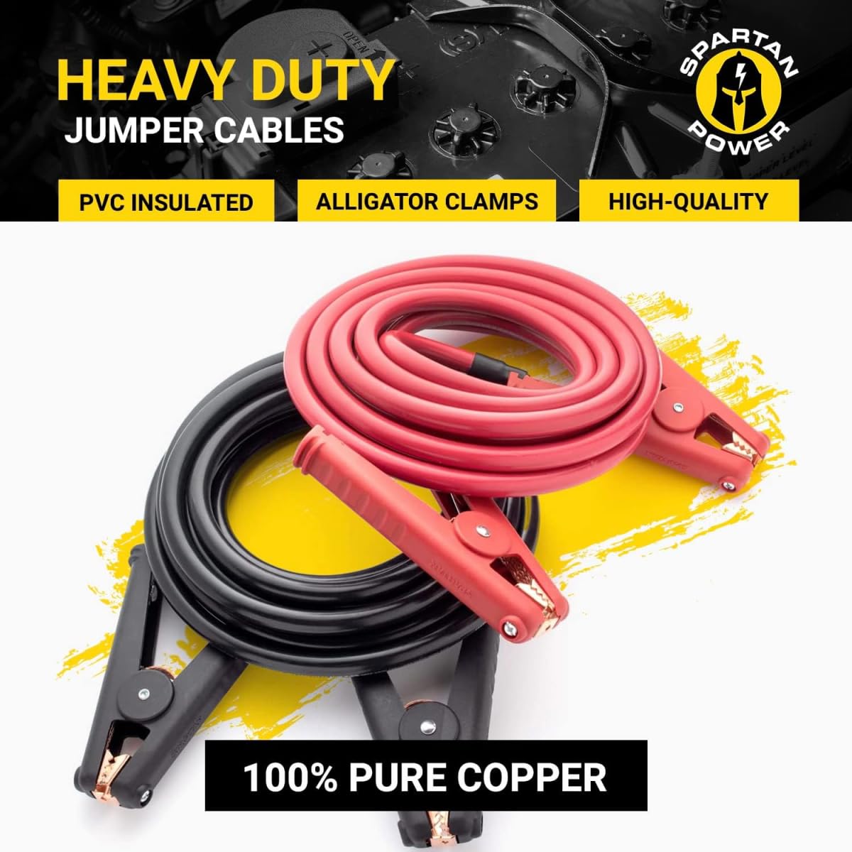 Spartan Power Heavy Duty Jumper Cables with Alligator Clips, 100% Pure Copper Wire, Positive & Negative Leads Battery Cable, Made in the USA - 1/0 AWG Gauge Cable, 10 ft