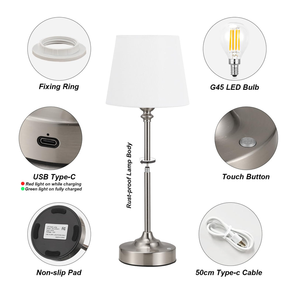 Touch Control Cordlss Table Lamp, USB-C Rechargeable Lamp with Stepless Dimming, 4000mAh Battery Operated Bedside Lamp for Bedroom, Living Room, Night Light & Emergency Lighting, Black, 1 Pack