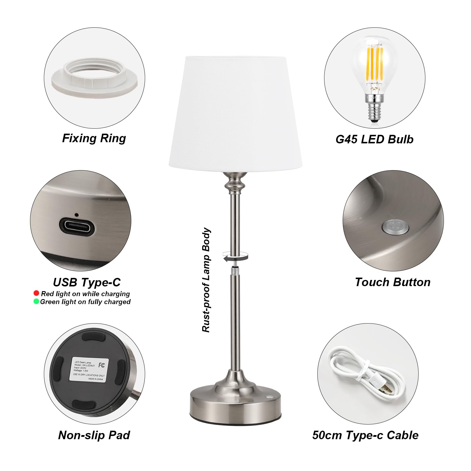 Touch Control Cordlss Table Lamp, USB-C Rechargeable Lamp with Stepless Dimming, 4000mAh Battery Operated Bedside Lamp for Bedroom, Living Room, Night Light & Emergency Lighting, Black, 1 Pack