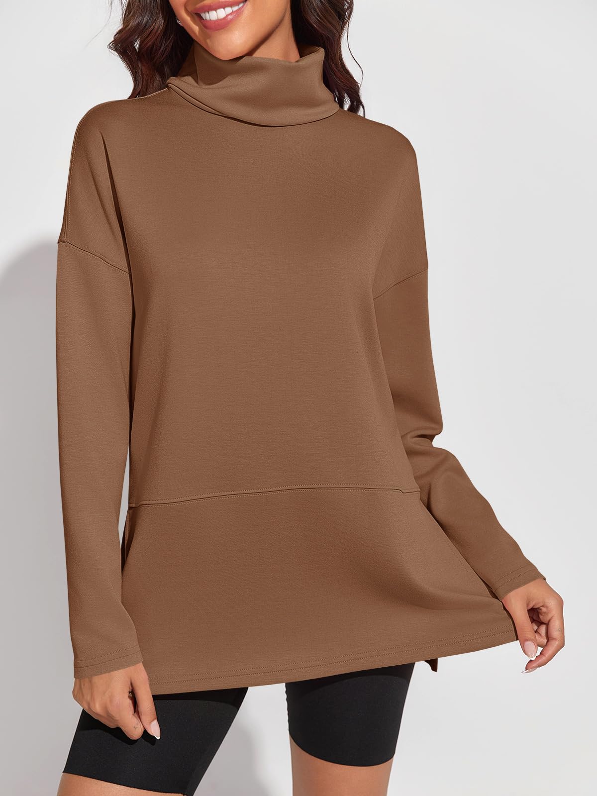 Fisoew Women's Turtleneck Oversized Sweatshirt Casual Long Sleeve Loose Side Slit Pullovers Tunic Tops