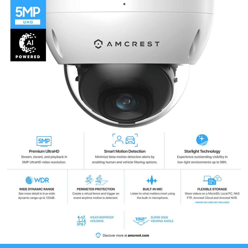 Amcrest 5MP POE Camera, Outdoor Vandal Dome Security POE IP Camera, 5-Megapixel, 98ft NightVision, 2.8mm Lens, IP67, IK10 Resistance, MicroSD 256GB (Sold Separately), Cloud, NVR (IP5M-D1188EW-AI-V3)
