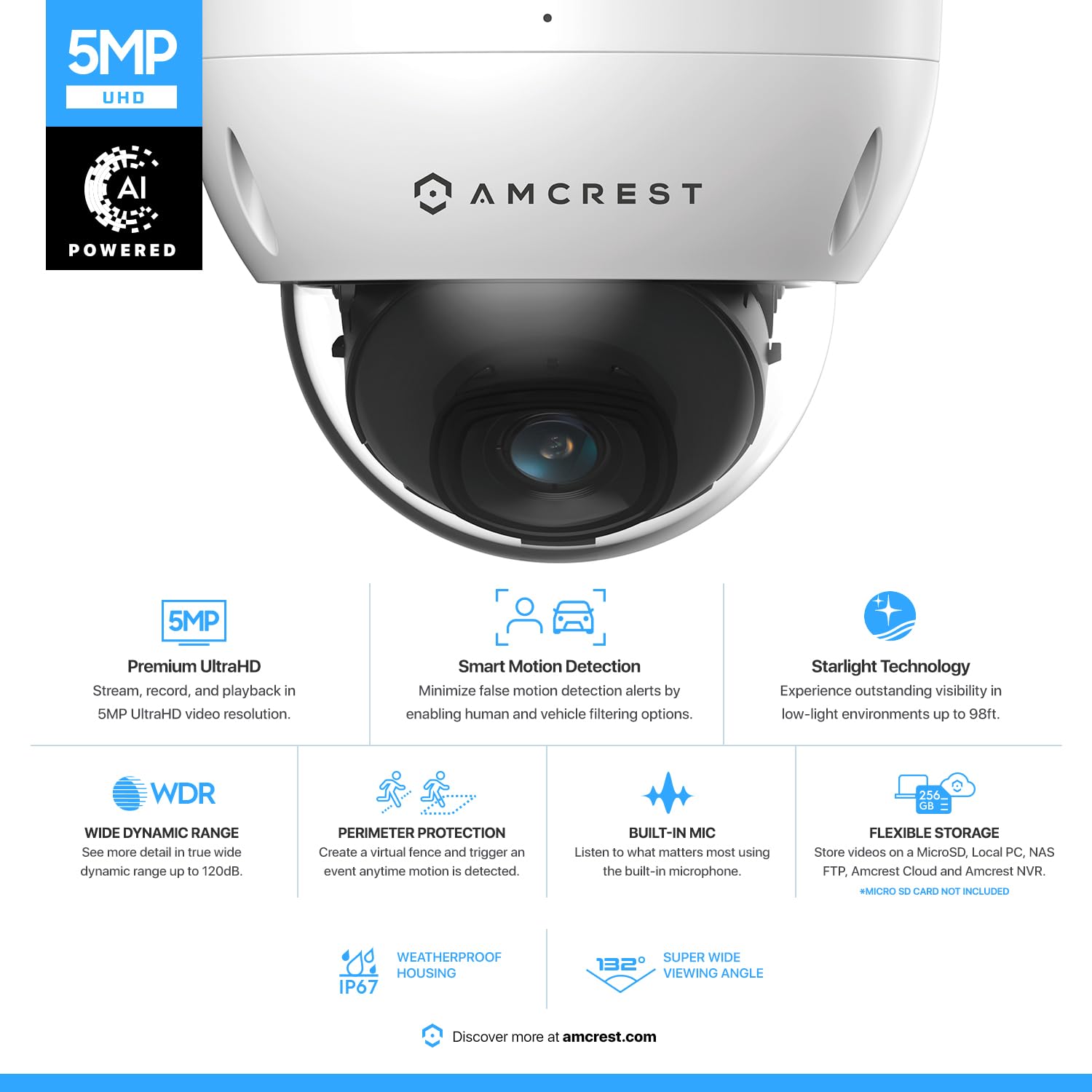 Amcrest 5MP POE Camera, Outdoor Vandal Dome Security POE IP Camera, 5-Megapixel, 98ft NightVision, 2.8mm Lens, IP67, IK10 Resistance, MicroSD 256GB (Sold Separately), Cloud, NVR (IP5M-D1188EW-AI-V3)
