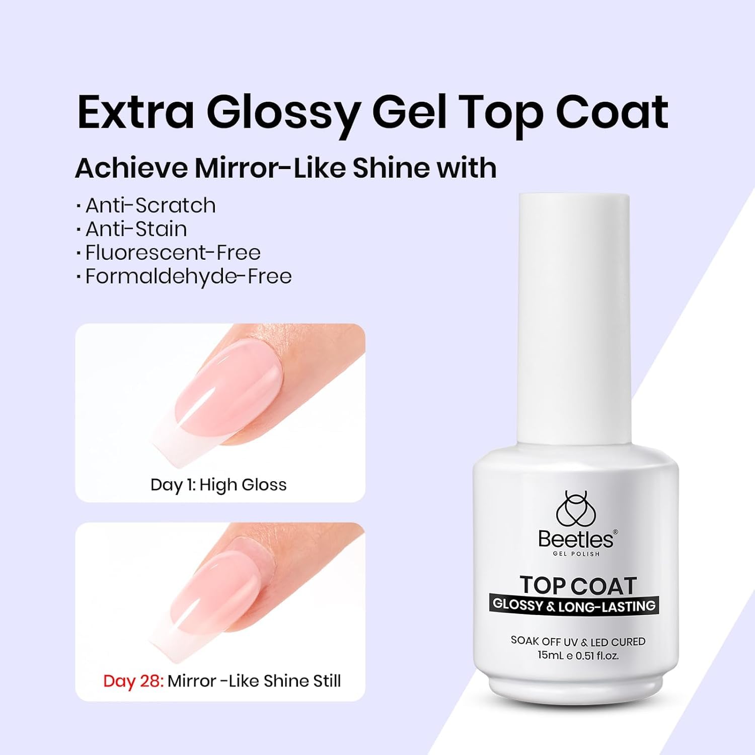Beetles 2Pcs 15ml Gel Base and Top Coat Set - Upgrade No Wipe Extra Glossy Top Coat Finish for Gel Nail Polish, Soak Off UV/LED Lamp Needed, Essentials for Long-Lasting Manicure Kit