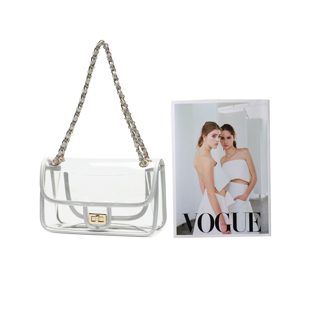 Womens PVC Clear Purse Handbag with Chain Stadium Approved Clear Bag See Through Bag for Working and Concert