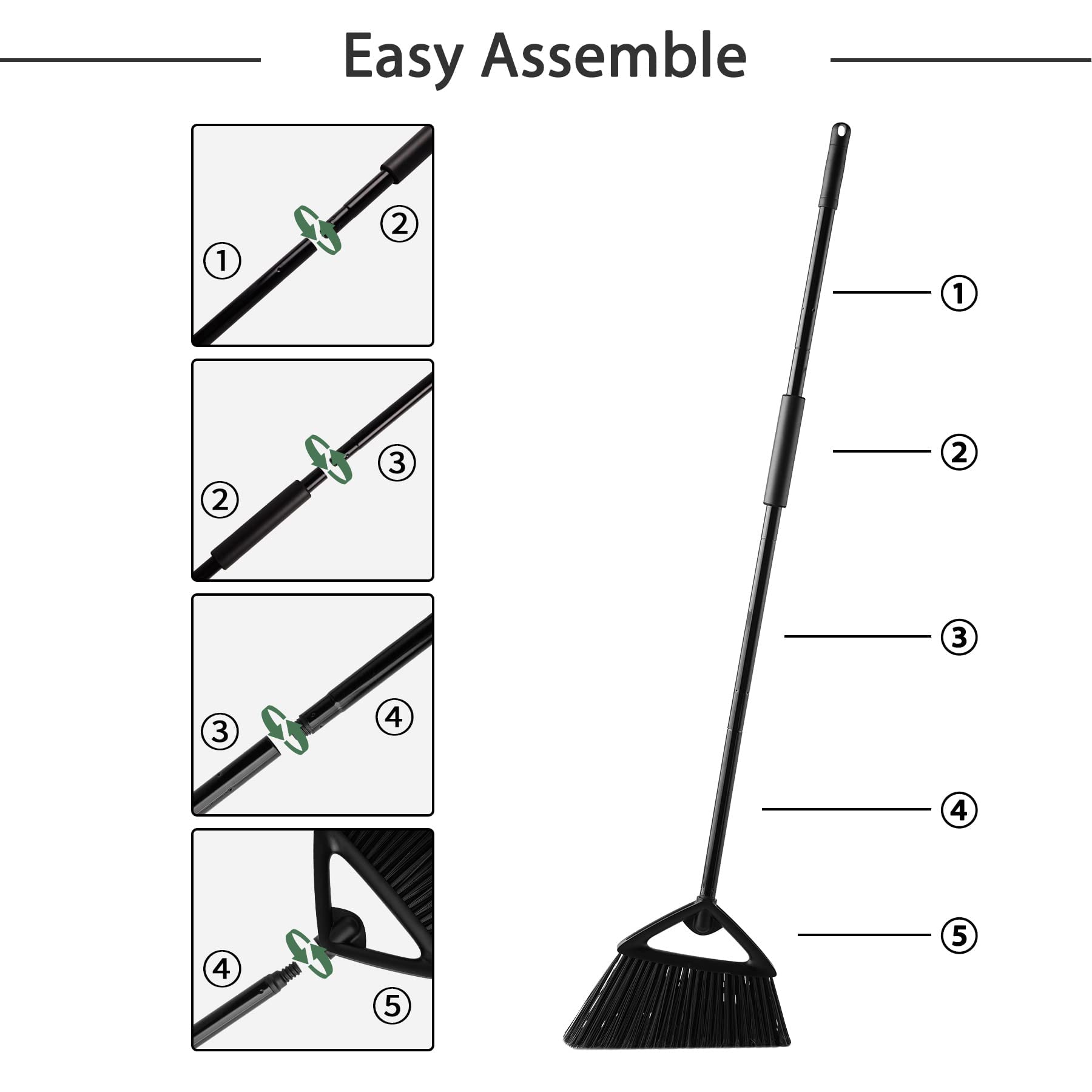 Eyliden Commercial Angle Broom and Dustpan Combo, with Long Handle and Lid, Lobby Dust Pan Sweep Set for Outdoor Garages Courtyard Sidewalks Decks Indoor Home Kitchen Room Office (Black Broom+Dustpan)