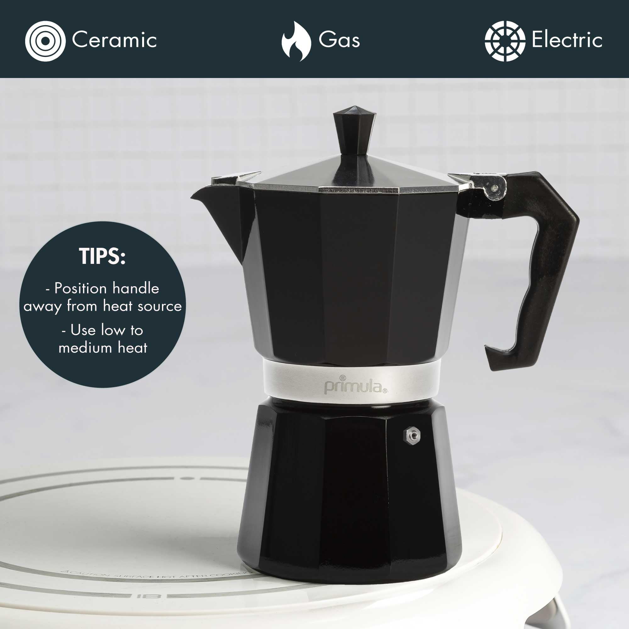 Primula Classic Moka Pot Stovetop Espresso and Coffee Maker, Italian and Cuban Cafetera for Rich Espresso Brewing, Durable Aluminum Greca Coffee Maker with Easy Grip Handle, 6-Cup, Black