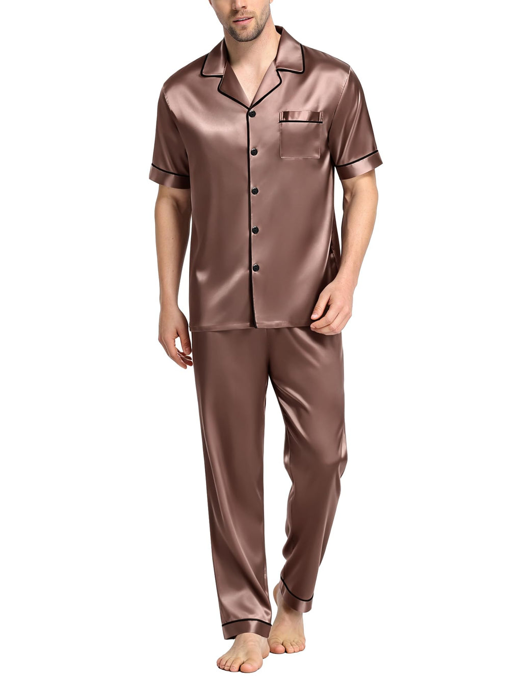 SWOMOG Mens Satin Pajama Set Short Sleeve Classic Sleepwear Button Down Silky Loungewear with Long Pants