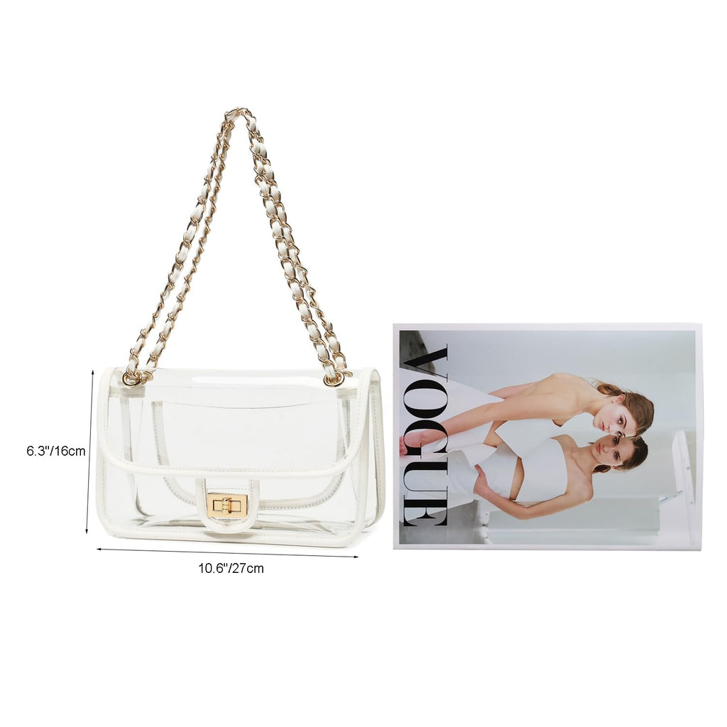 Womens PVC Clear Purse Handbag with Chain Stadium Approved Clear Bag See Through Bag for Working and Concert