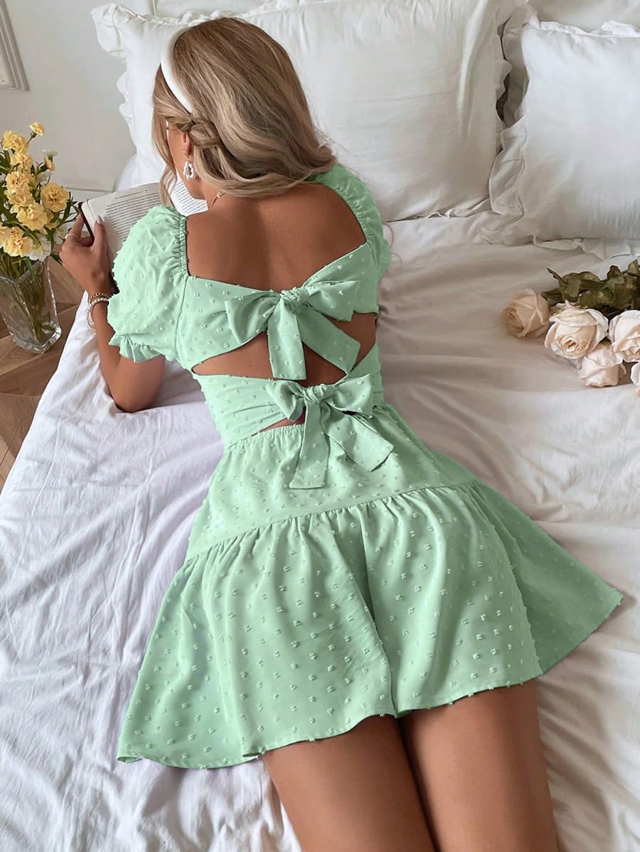 Narecte Summer Dresses for Women 2026,Tie Backless Swiss Dot Mini Dress,Ruffle Hem Flowy Casual Dresses