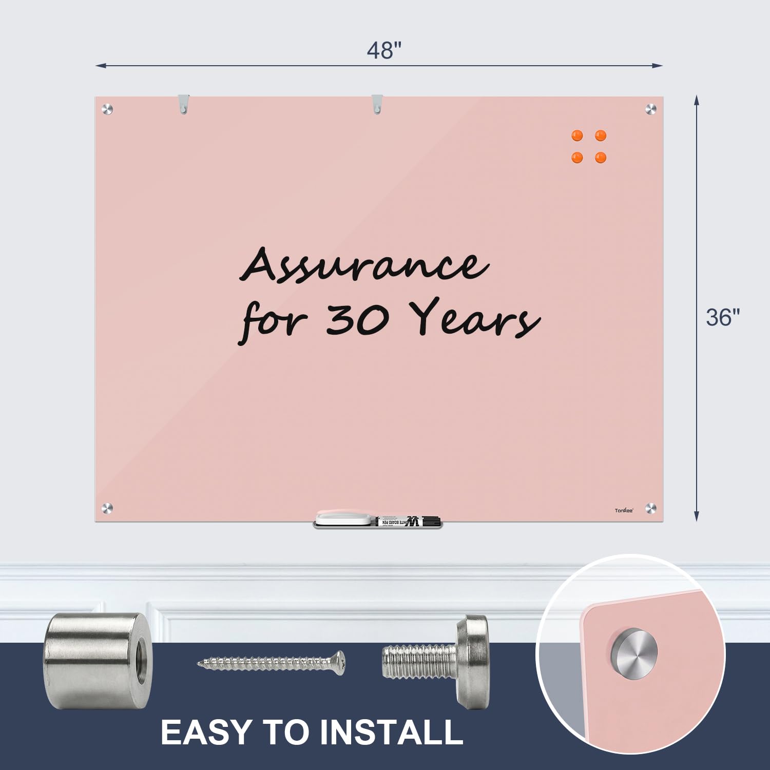 Dry Erase Board Black Magnetic Glass Whiteboard, TANKEE Modern Large Frameless Tempered Glass White Board for Wall, Office, School, Home, 36” x 24”, 3' x 2' White Board