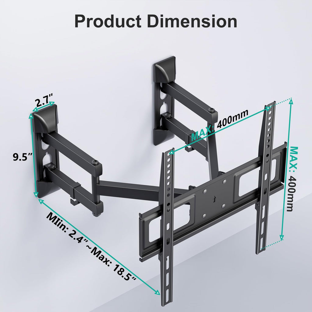 WALI Full Motion TV Wall Mount for 32–70 Inch TVs – Dual Articulating Mount with Swivel, Tilt & Extension | VESA up to 400x400mm | Fits 12/16" Wood Studs | Holds Up to 88 lbs